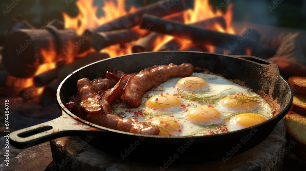 Outdoor skillet breakfast with eggs and bacon cooked to perfection. Outdoor skillet breakfast with eggs and bacon cooked to perfection.