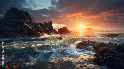 coast water sunset ocean landscape illustration nature sunsummer, rocky sea, travel view coast water sunset ocean landscape