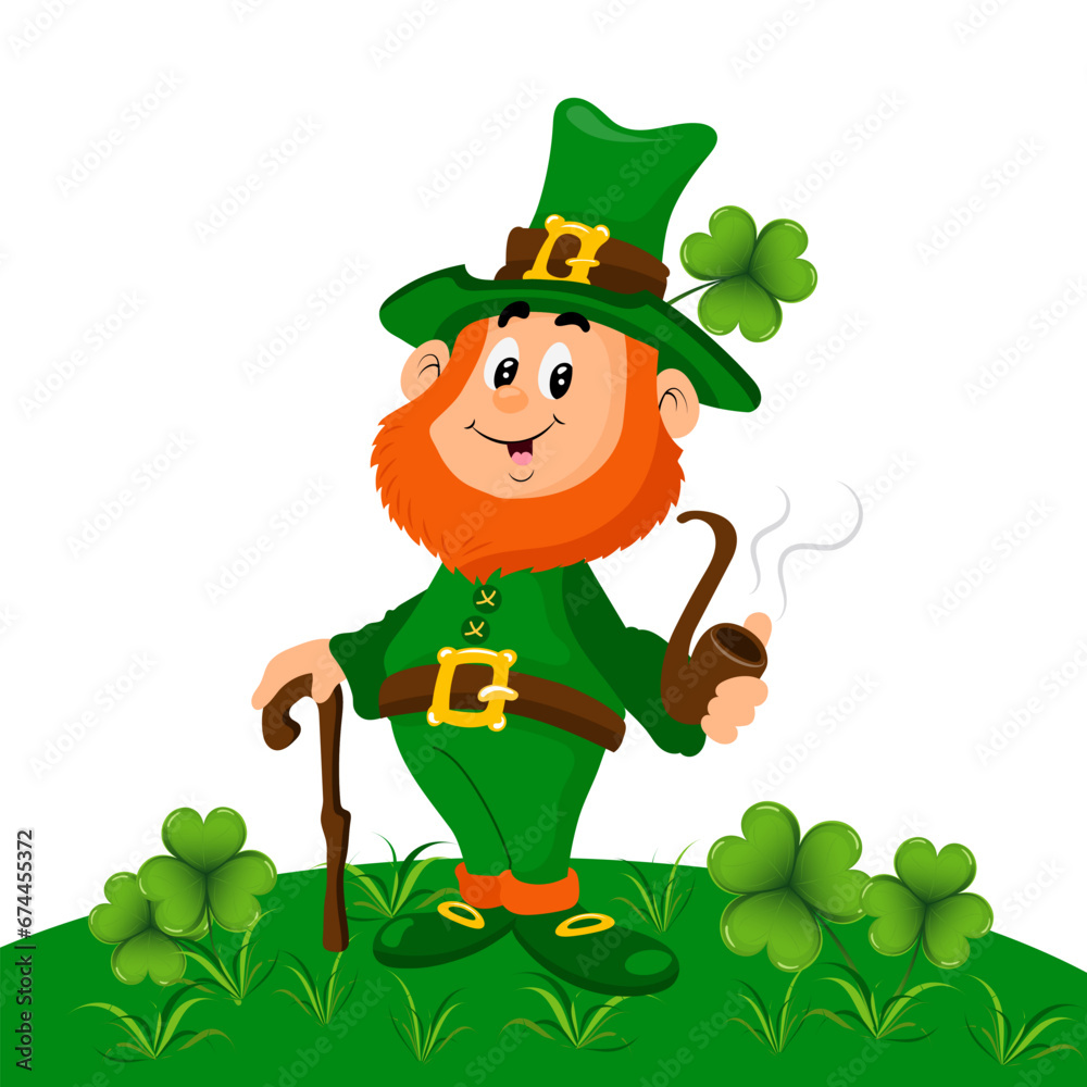 St. Patrick's Day, cute leprechaun with a smoking pipe in a green meadow with clover. Illustration, greeting card, vector St. Patrick's Day, cute leprechaun with a smoking pipe in a green meadow with clover. Illustration, greeting card, vector