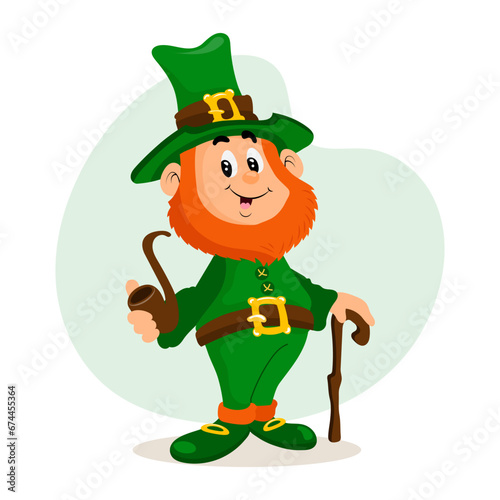 St. Patrick's Day, cute leprechaun with a smoking pipe. Illustration, greeting card, vector