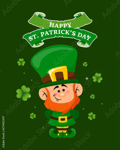 St. Patrick's Day, cute leprechaun with shamrock leaves and greeting text. Illustration, postcard, banner, vector