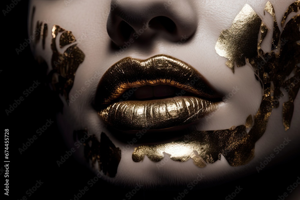 Golden lips and makeup with potal closeup. Generative AI