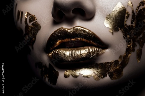 Golden lips and makeup with potal closeup. Generative AI photo