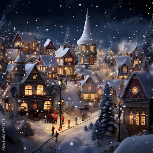 Christmas and New Year holidays background. Winter village in snowfall.