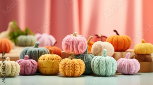 Knitted Pumpkins Arranged on a Soft Pastel Background.