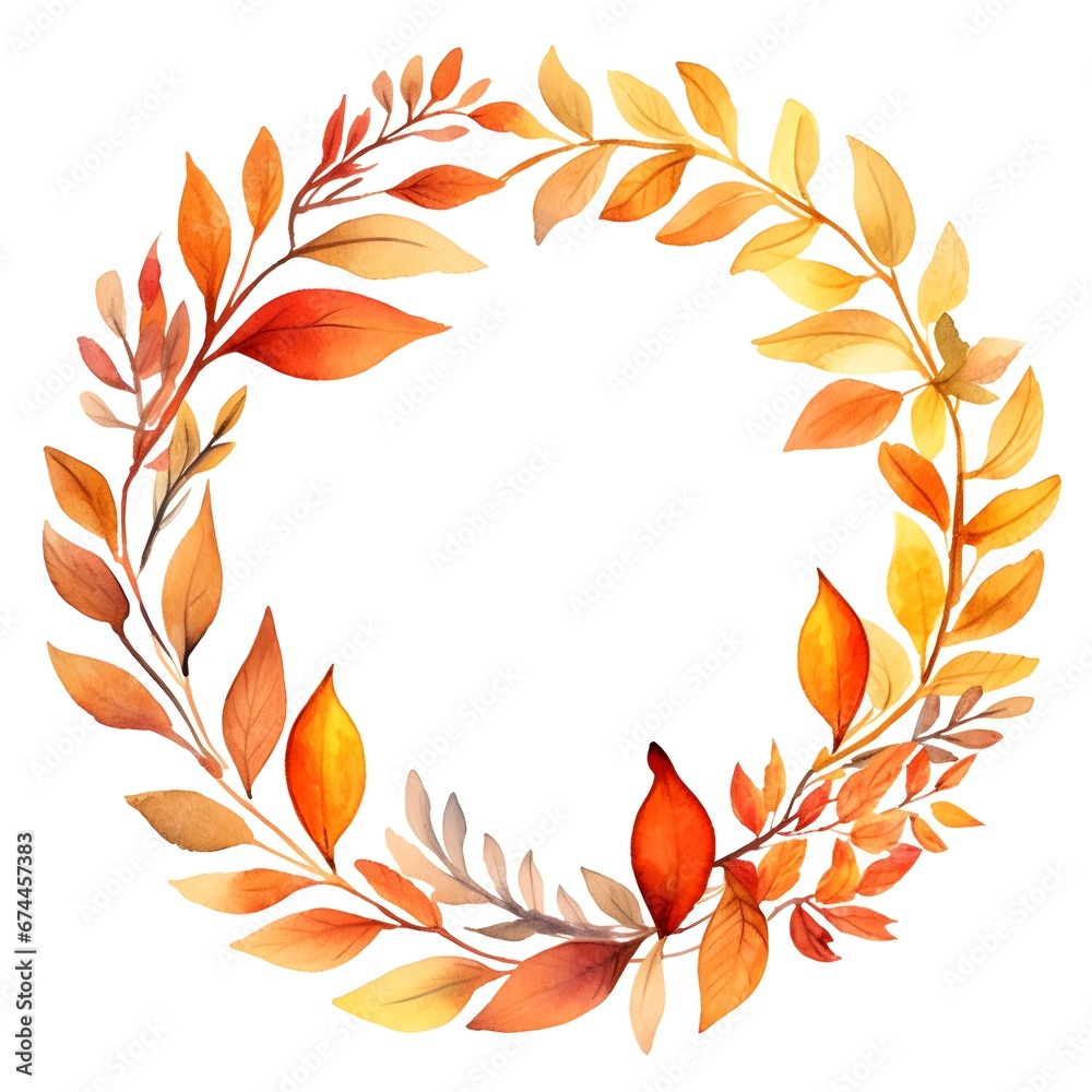 Watercolor fall wreath. Autumn leaves round frame. Generative AI