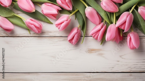 Pink Tulips Laid on a White Rustic Wooden Background.