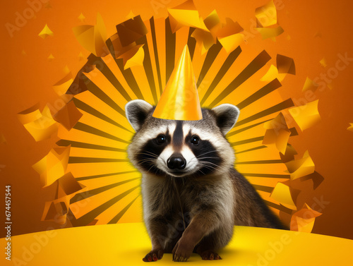 illustration of cute raccoon in birthday cap on art colorful background. celebration, birthday photo