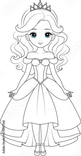 Coloring page chibi princess. Flat vector outline for kids coloring book