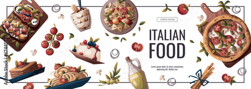Flyer design with Italian pizza, pasta, bruschetta, lasagna, olive oil. Italian food, healthy eating, cooking, recipes, restaurant menu concept. Vector illustration for banner, promo, poster.