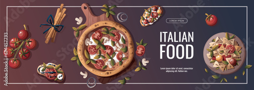 Flyer design with Italian pizza, pasta, bruschetta, tomatoes. Italian food, healthy eating, cooking, recipes, restaurant menu concept. Vector illustration for banner, promo, poster.