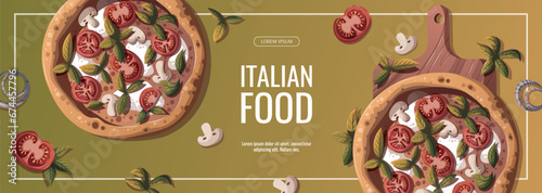 Banner design with Pizza Margherita with tomatoes and mozzarella. Italian cuisine, healthy food, cooking, restaurant menu, eating, recipes concept. Vector illustration for banner, promo, sale.