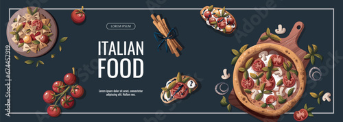 Flyer design with Italian pizza, pasta, bruschetta, tomatoes. Italian food, healthy eating, cooking, recipes, restaurant menu concept. Vector illustration for banner, promo, poster.
