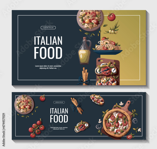 Set of banners with Italian pizza, pasta, bruschetta, olive oil. Italian food, healthy eating, cooking, recipes, restaurant menu concept. Vector illustration for banner, promo, poster.