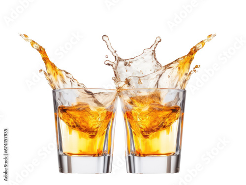 Glasses of whiskey with splashes isolated on transparent background