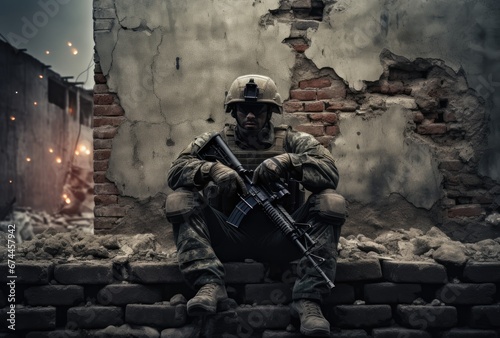 .Soldier in war, with a weapon in his hand photo