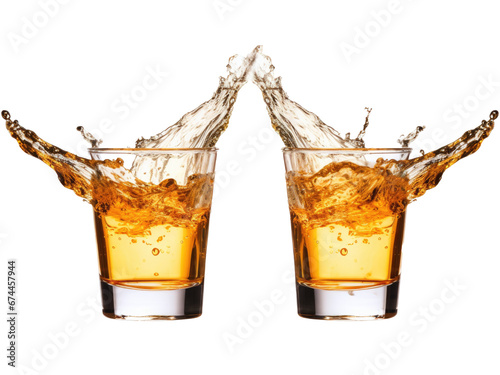 Glasses of whiskey with splashes isolated on transparent background