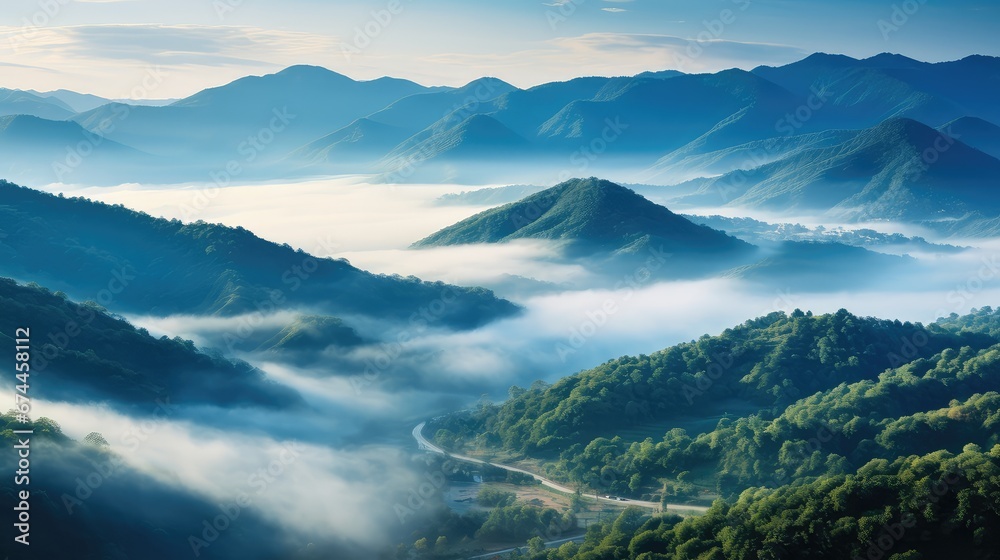 Obraz premium forest vacation weather mist landscape illustration nature mountain, beauty scenic, fog environment forest vacation weather mist landscape