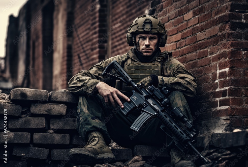 .Soldier in war, with a weapon in his hand