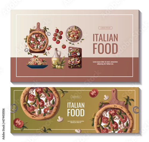 Set of banners with Italian pizza, pasta, bruschetta, olive oil. Italian food, healthy eating, cooking, recipes, restaurant menu concept. Vector illustration for banner, promo, poster.