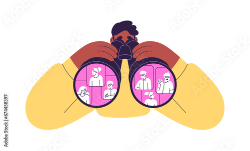 Searching, observing, looking for people. Curious detective person with binoculars, investigating, watching, prying, spying for men, women. Flat vector illustration isolated on white background photo