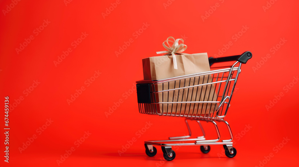Shopping paper bags in cart trolley on red backgroud