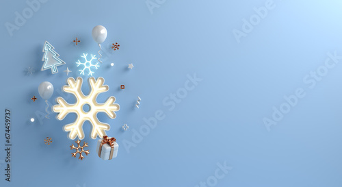 Winter decoration background with neon snowflake, balloon, spruce trees, gift box cartoon style, 3d rendering illustration