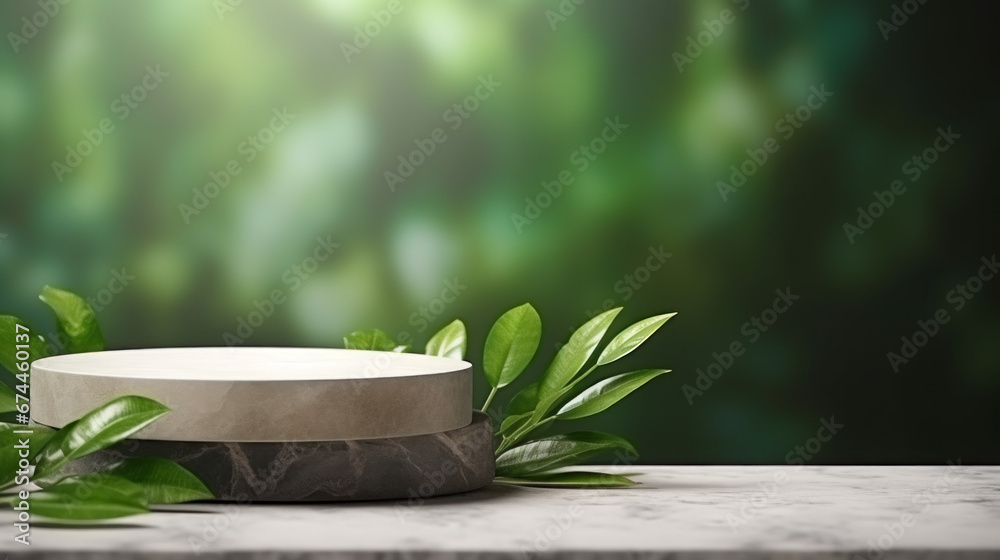 Podium en pierre dans un décor végétal pour la présentation d'un produit sur fond vert. - obrazy, fototapety, plakaty 