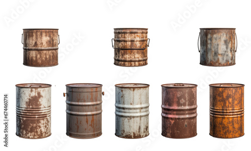 rusty old metal barrels isolated on transparent background 