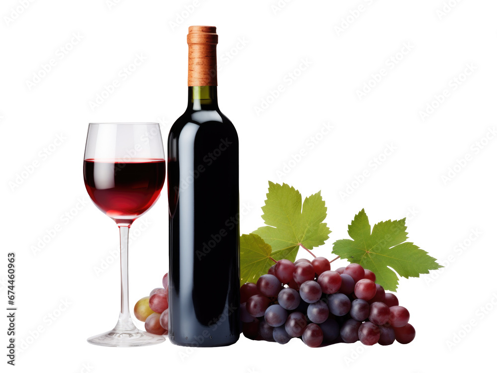 Red wine bottle with wine grapes isolated on transparent background 