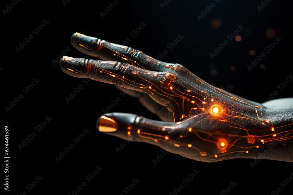 shiny robotic hand in cyber-punk style isolated on black