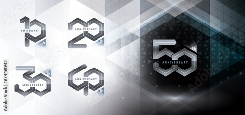 Set of 10 to 50 years Anniversary logotype design, Ten to Fifty years anniversary celebration. Abstract Hexagon Infinity Double line logo, 10,20,30,40,50 Years Logo for celebrate event.