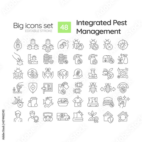 2D editable black big thin line icons set representing integrated pest management, isolated simple vector, linear illustration.