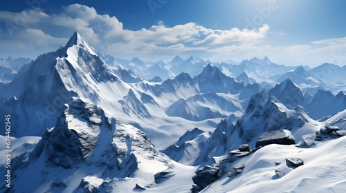 Winter mountains panorama. 3d render of winter landscape with snow covered mountains