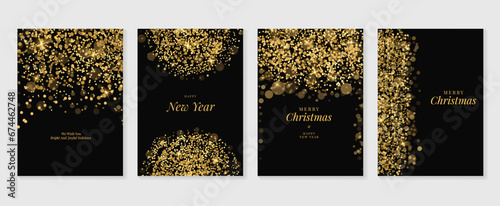 Luxury merry christmas and happy new year invitation card design vector. Gold twinkling stars on black background. Design illustration for cover, print, poster, wallpaper, decoration. photo
