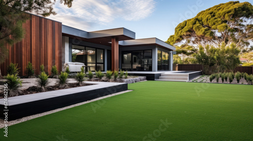 Beautiful modern house in cement, view from the garden.