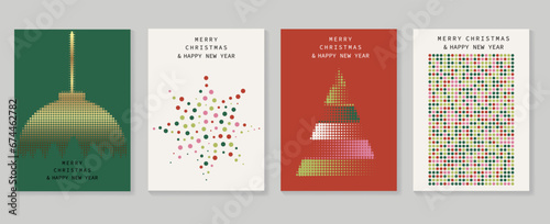 Set of happy new year and merry christmas concept background. Elements of decorative bauble, christmas tree, snowflake, ball, halftone texture. Art design for card, poster, cover, banner, decoration.