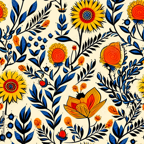 Seamless floral pattern design with vibrant color, stems and leaves, for use in graphics.