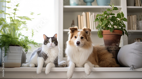A dog and a cat lie together in the living room photo