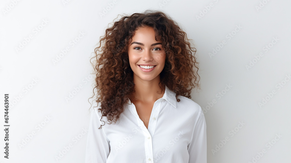 Portrait of a young happy woman smiling on white background.
Portrait of a young happy woman smiling on white background.