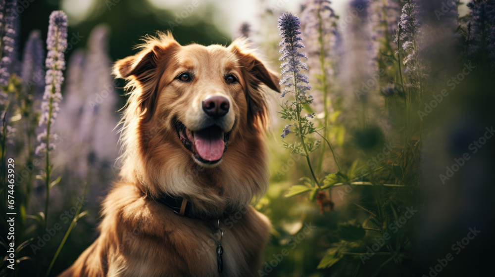 A dog in a meadow between flowers A dog in a meadow between flowers