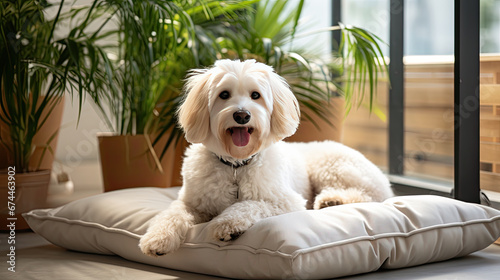 A dog next to pillows