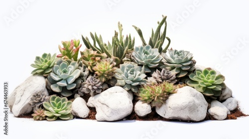 a succulent garden with various types of succulents and rocks on a white background, creating a peaceful and modern aesthetic. photo