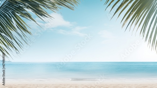 Tropical sea beach mockup template and palm leaf on seaside background, copy space, 16:9 © Christian