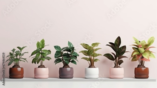 realistic houseplants potted in flowerpots in row  copy space  16 9