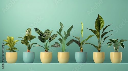 realistic houseplants potted in flowerpots in row, copy space, 16:9 photo