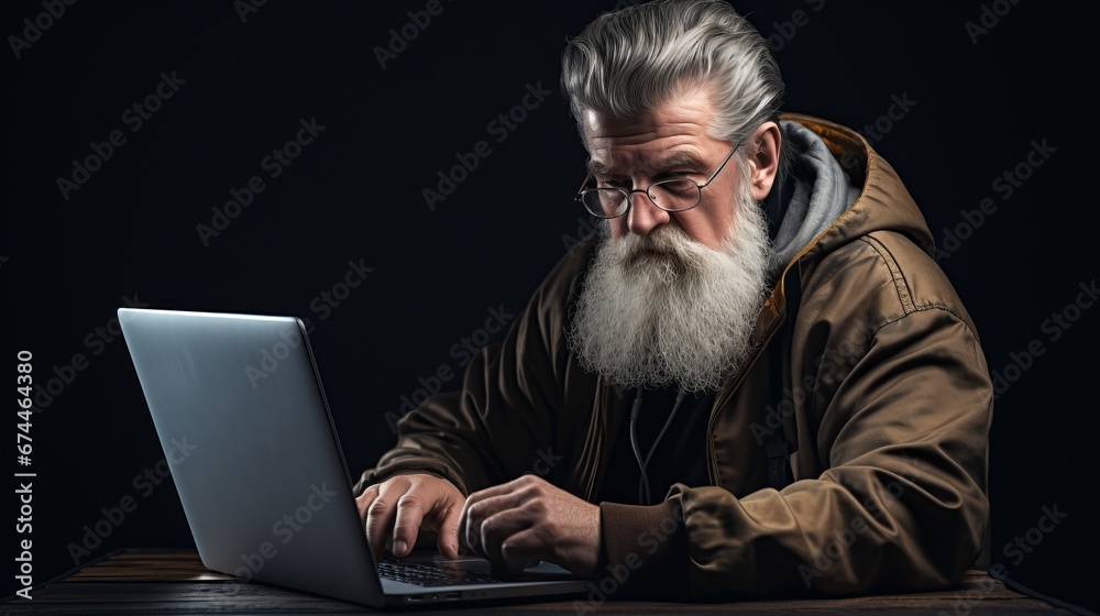Grandfather man in glasses using laptop, copy space, 16:9 Grandfather man in glasses using laptop, copy space, 16:9