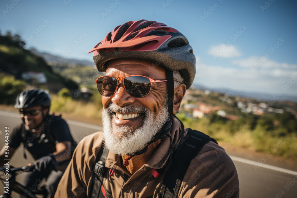Close up of elderly smiling Caucasian man in protective helmet riding bicycle along picturesque country road. Happy cheerful senior on a bike ride. Retired man lead active lifestyle to stay healthy. Close up of elderly smiling Caucasian man in protective helmet riding bicycle along picturesque country road. Happy cheerful senior on a bike ride. Retired man lead active lifestyle to stay healthy.