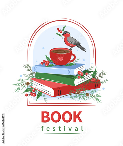 Book festival. Layout design for bookstore, library. Books with winter holiday decor. Vector illustration