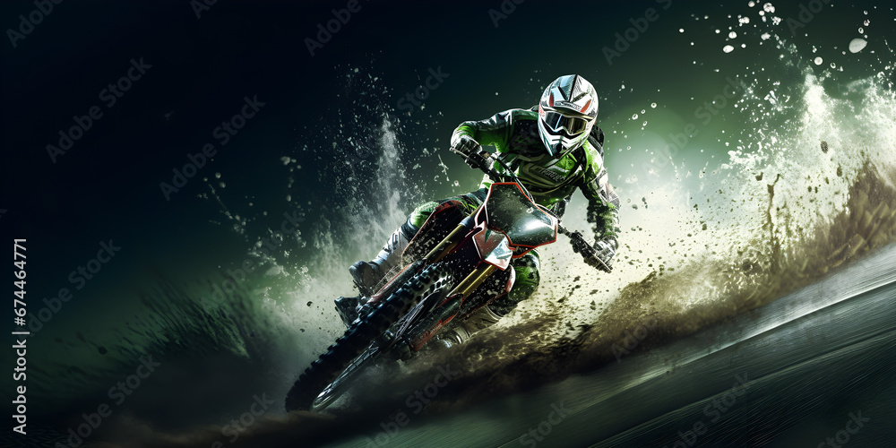Motocross rider on a motorcycle in forest trail with splashing water, Extreme sports in action motion blur